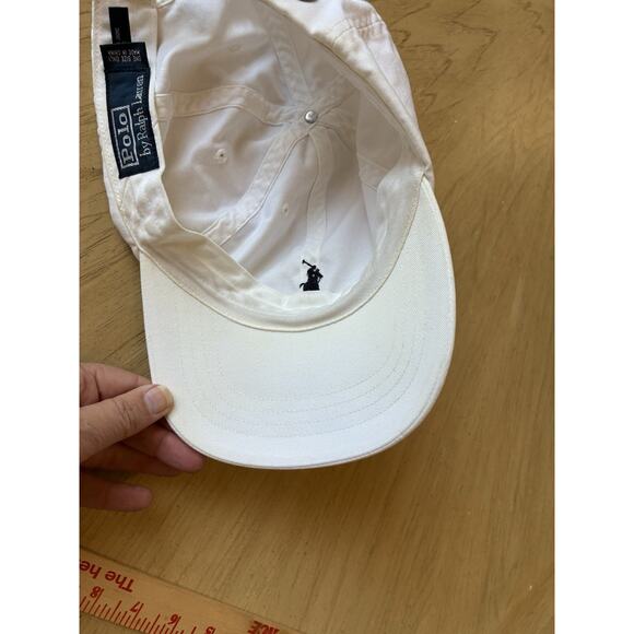 Vintage 90s Polo Ralph Lauren Hat WHITE Blue Pony Logo Leather Strap Preppy READ - Picture 5 of 14